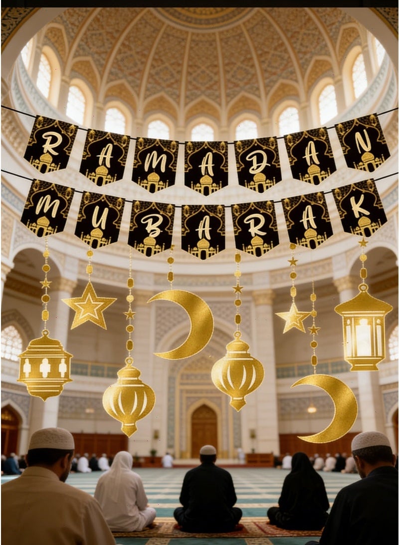 ديكورات رمضان للمنزل ، 17 قطعة الذهب والأبيض لتقوم بها بنفسك رمضان مبارك راية للمنزل الأنيق عيد وديكورات رمضان - Image 1